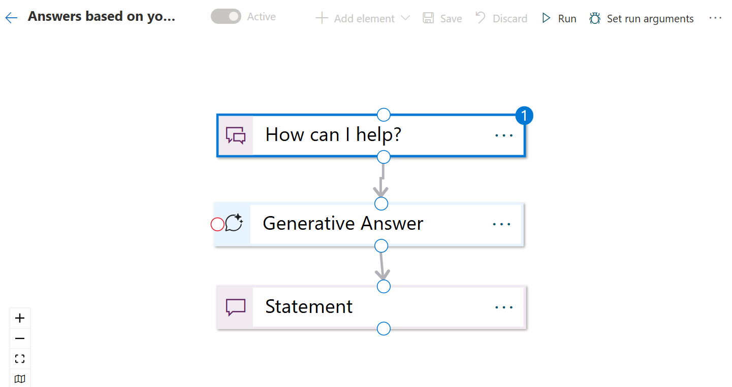 screenshot showing the Scenario editor view that shows the Answer based on your public sources