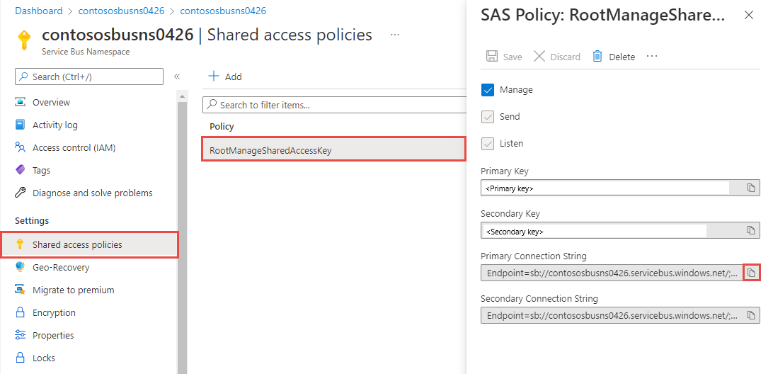 Zrzut ekranu przedstawia zasady sygnatury dostępu współdzielonego o nazwie RootManageSharedAccessKey, w tym klucze i parametry połączenia.