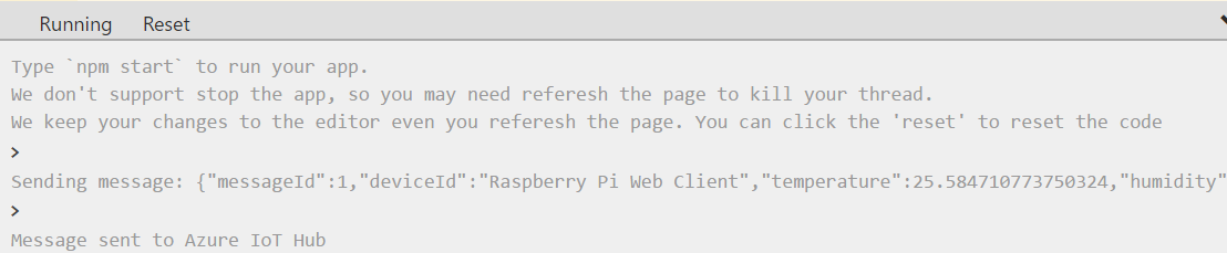 Zrzut ekranu przedstawiający dane czujnika wyjściowego wysyłane z urządzenia Raspberry Pi do centrum IoT Hub.