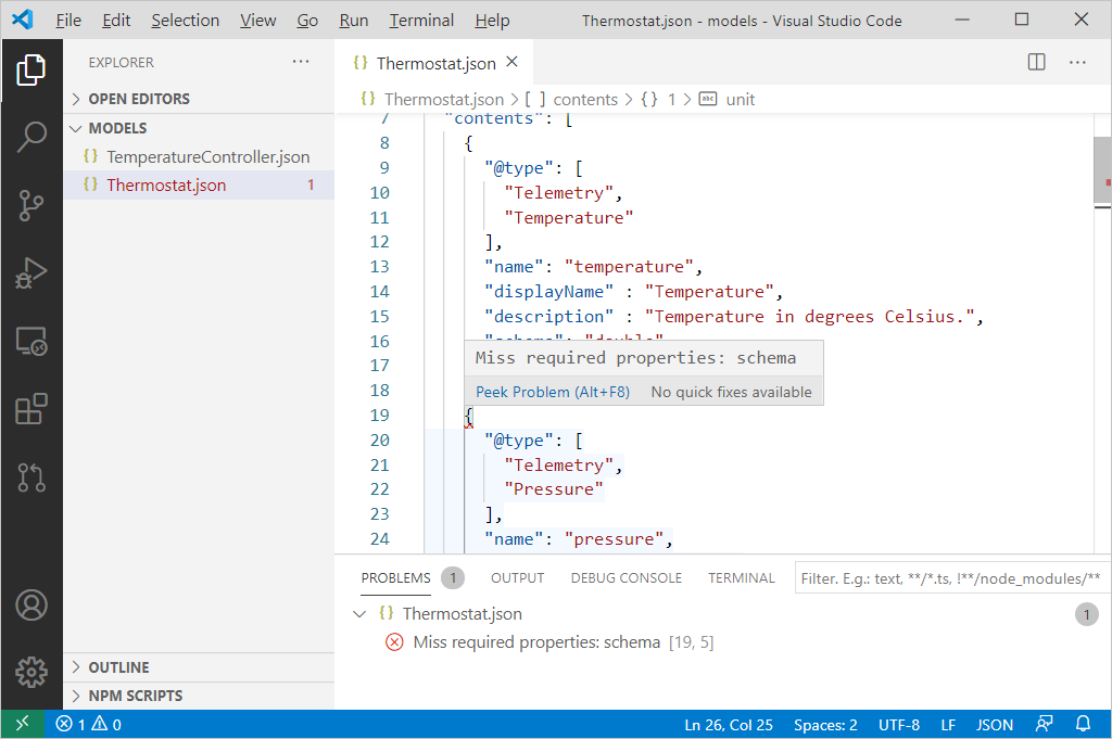 Zrzut ekranu przedstawiający walidację modelu DTDL w programie VS Code.