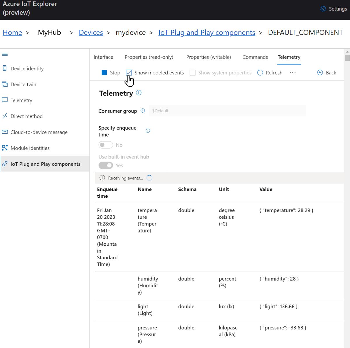 Zrzut ekranu przedstawiający modelowane zdarzenia telemetrii w narzędziu IoT Explorer.