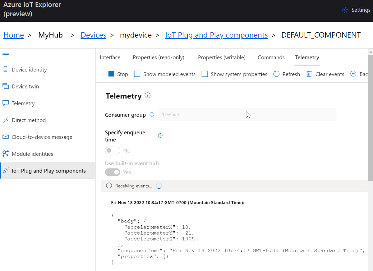 Zrzut ekranu przedstawiający dane telemetryczne urządzenia w narzędziu IoT Explorer.