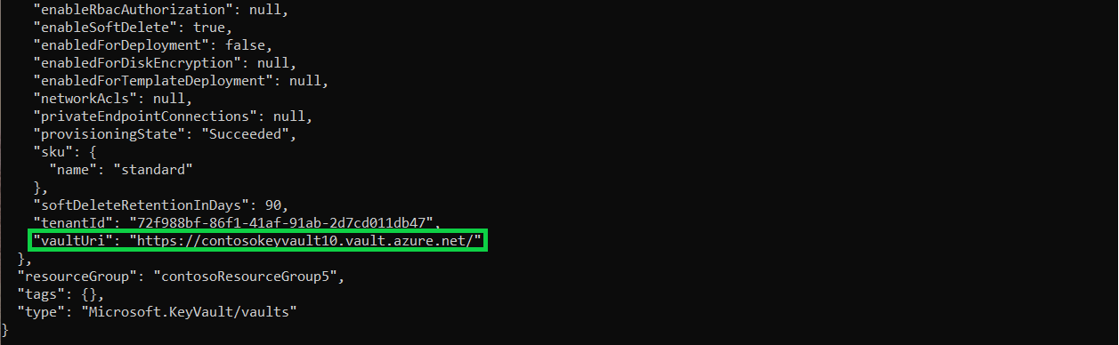Dane wyjściowe konsoli powyższego polecenia. Identyfikator i identyfikator vaultUri są wyróżnione kolorem zielonym, aby zobaczyć użytkownika.