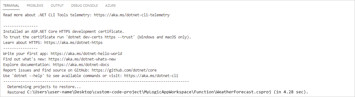 Zrzut ekranu przedstawiający program Visual Studio Code, okno terminalu i ukończone polecenie dotnet restore.