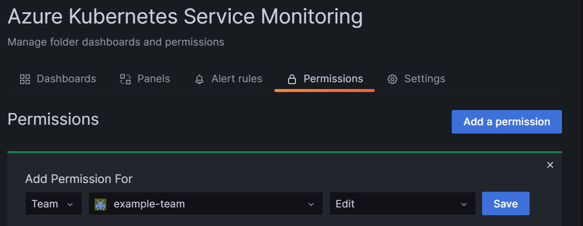 Zrzut ekranu przedstawiający interfejs użytkownika narzędzia Grafana, dodając uprawnienie dla zespołu w folderze Grafana.