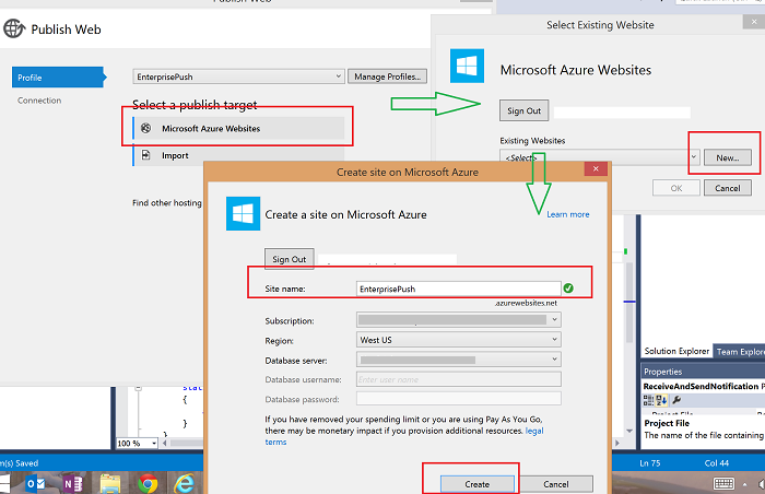 Screenshot showing the workflow to create a site on Azure.