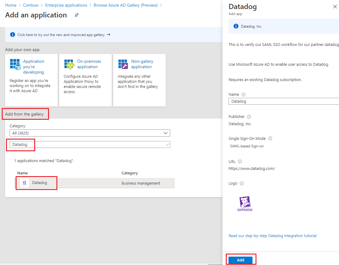 Aplikacja Datadog w galerii microsoft Entra enterprise.