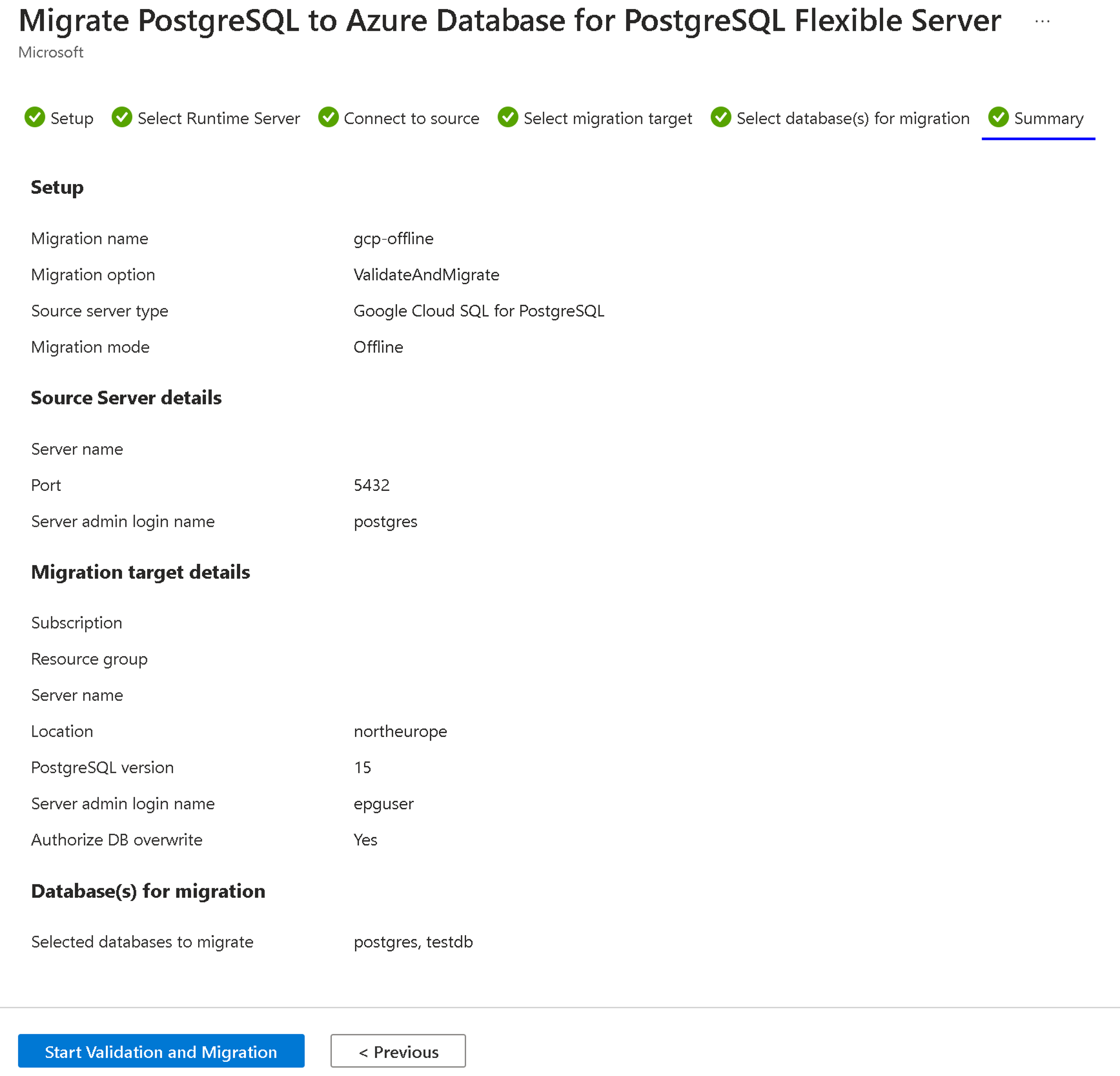 Zrzut ekranu przedstawiający stronę migracji podsumowania.