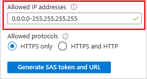 Screenshot of blob storage settings in Azure portal that show how to configure an allowed IP address range.