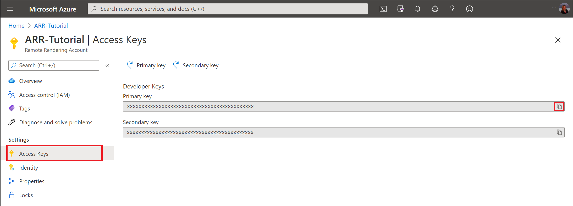 Zrzut ekranu przedstawiający konto usługi Remote Rendering w podmenu Klucze dostępu.