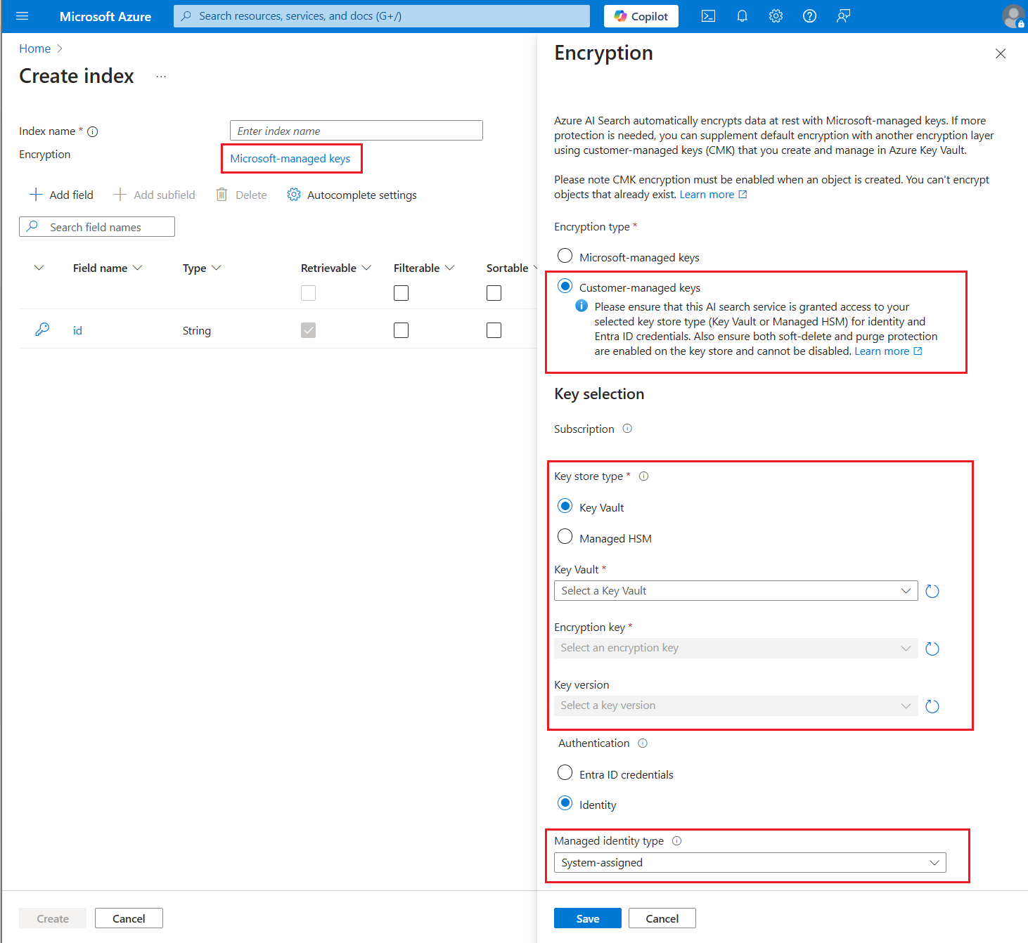 Zrzut ekranu przedstawiający stronę klucza szyfrowania w witrynie Azure Portal.