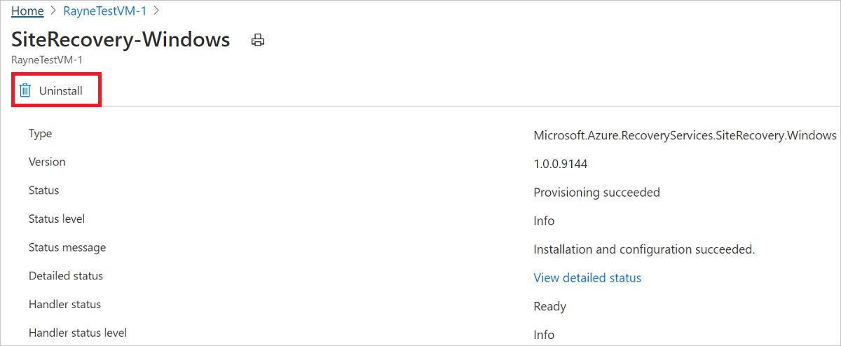 Strona do odinstalowania rozszerzenia maszyny wirtualnej usługi Site Recovery.