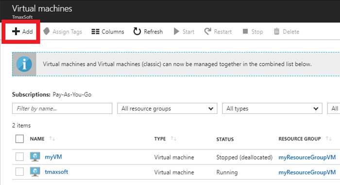 Opcja Dodaj w witrynie Azure Portal