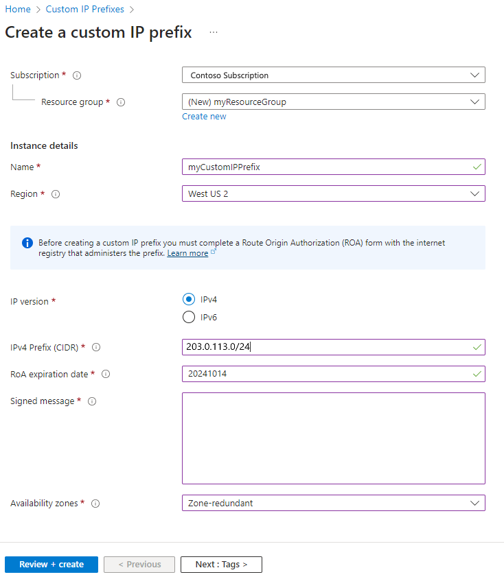 Zrzut ekranu przedstawiający tworzenie niestandardowej strony prefiksu IP w witrynie Azure Portal.