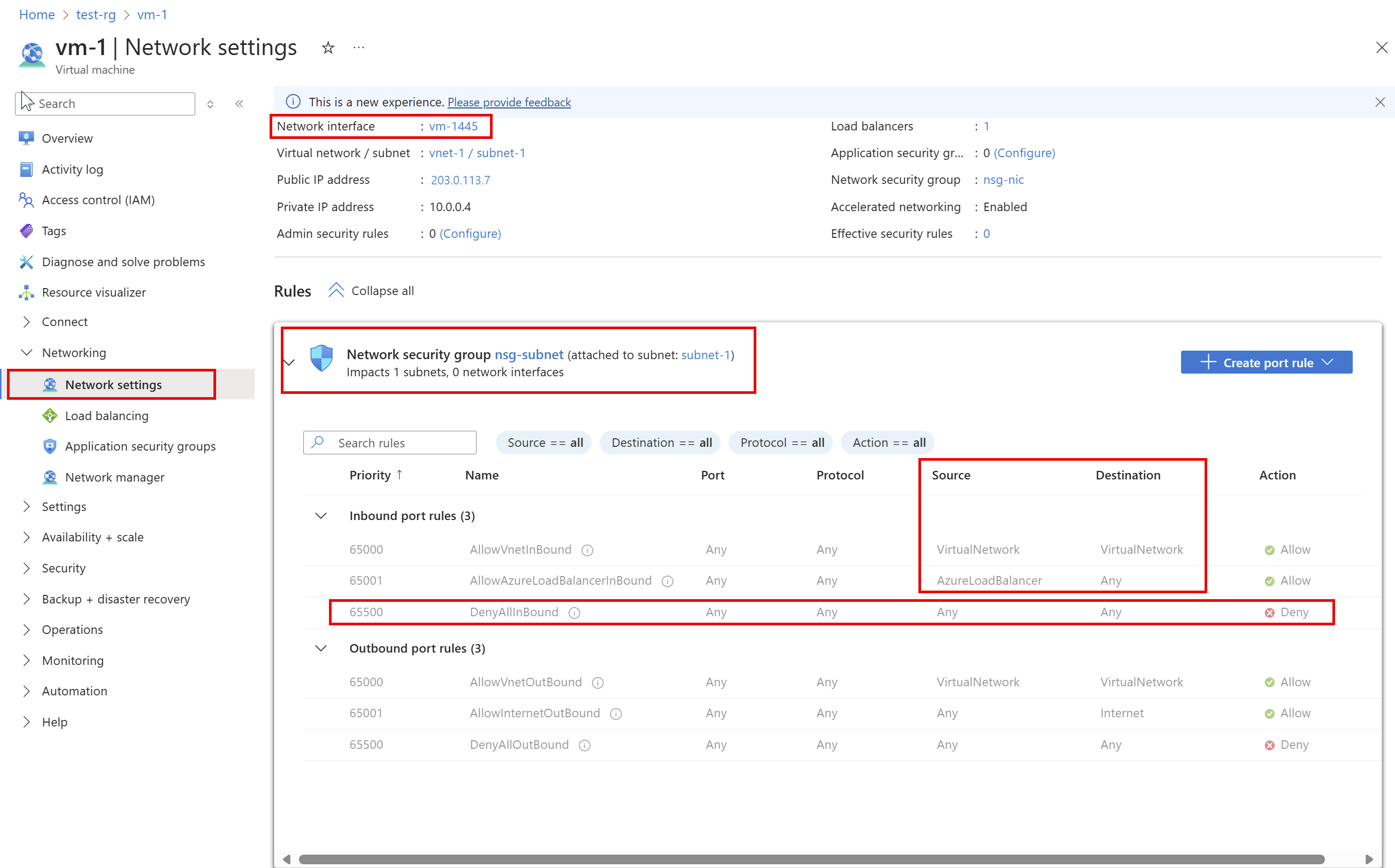 Zrzut ekranu przedstawiający witrynę Azure Portal z ustawieniami sieci dla mojej karty sieciowej V M V M.