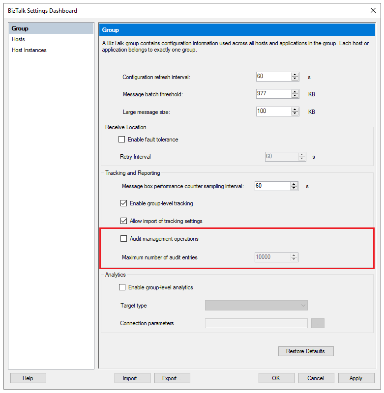 Screenshot of the Group page in the BizTalk Server administration console. Audit management operations and the maximum entries box are called out.