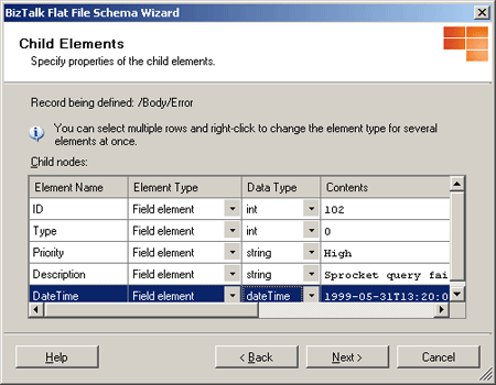 Error record defined with five elements