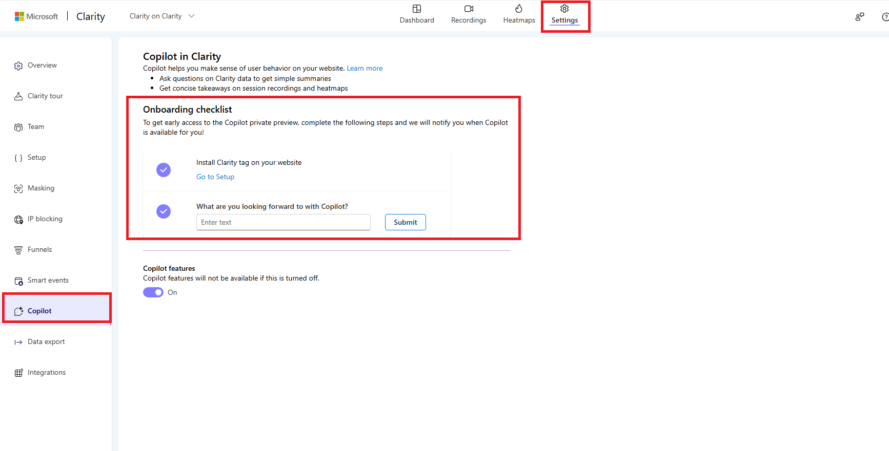 Onboarding checklist in copilot settings.