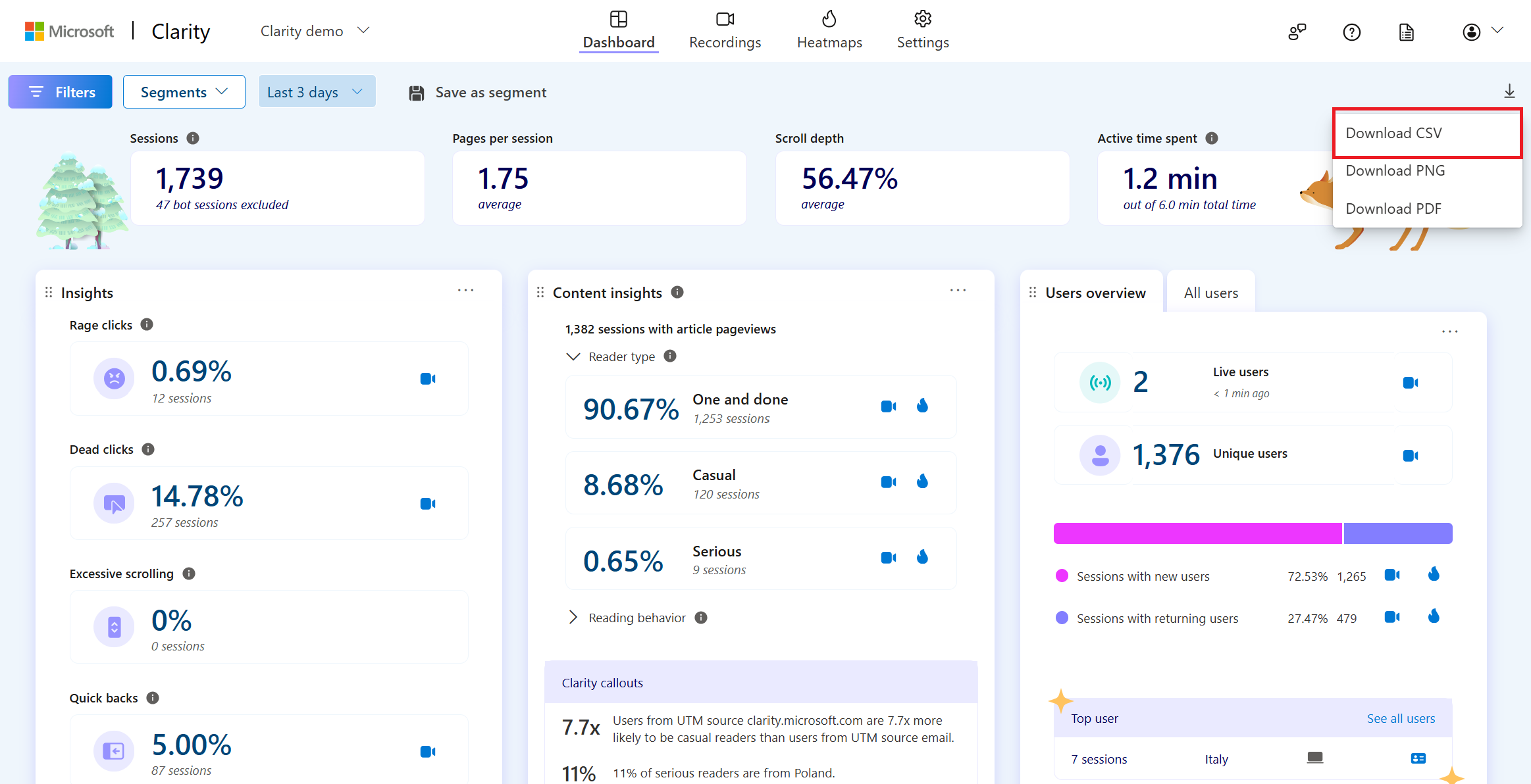 Select download as csv on dashboard.