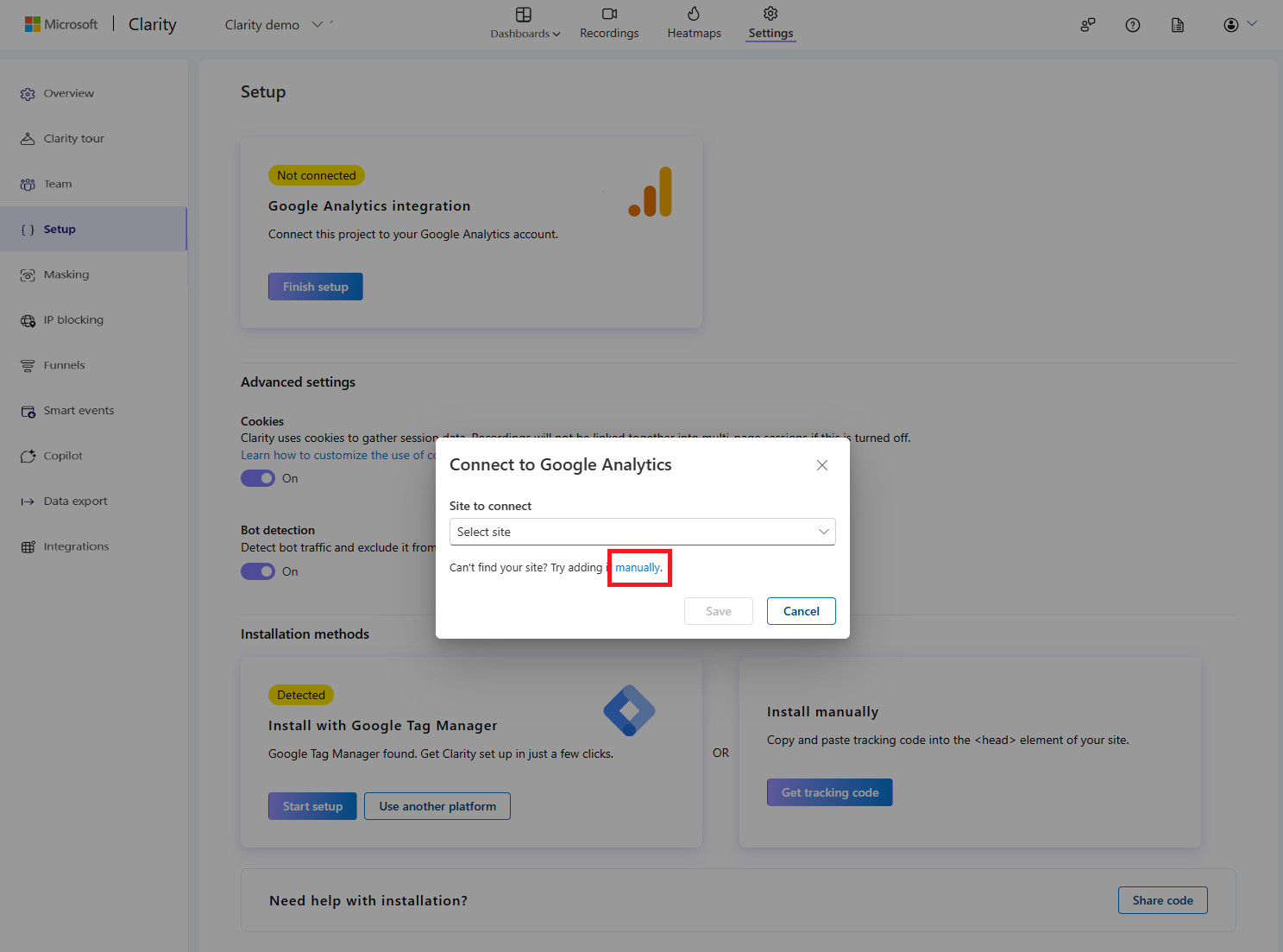 Google Analytics add site manually.