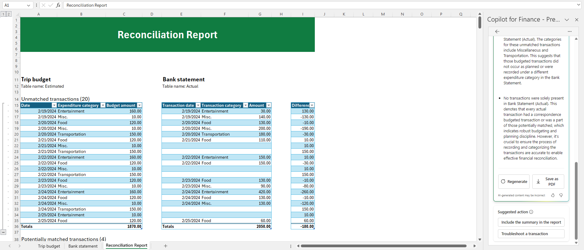 Screenshot of a reconciliation report.