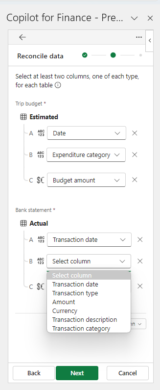 Screenshot of Reconcile data, where a column is being selected for a table.