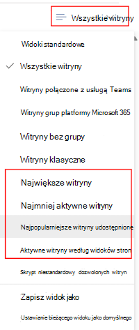 W centrum administracyjnym programu SharePoint wybierz pozycję aktywne witryny, a następnie użyj filtru Wszystkie witryny.