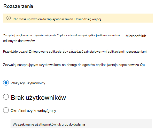 Zrzut ekranu, który umożliwia użytkownikom korzystanie z rozszerzeń i agentów Microsoft 365 Copilot w Centrum administracyjne platformy Microsoft 365 lub blokowanie ich.