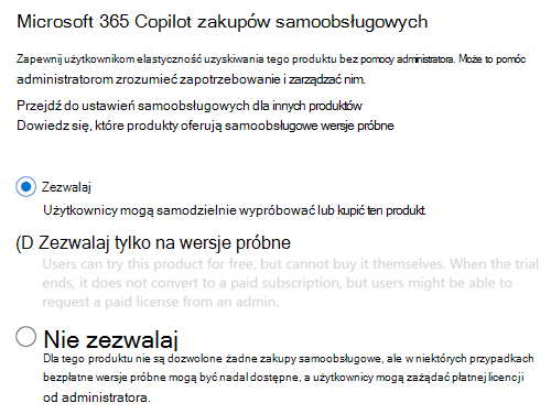 Zrzut ekranu umożliwiający użytkownikom zakup Microsoft 365 Copilot bez zgody administratora na stronie Copilot w Centrum administracyjne platformy Microsoft 365.