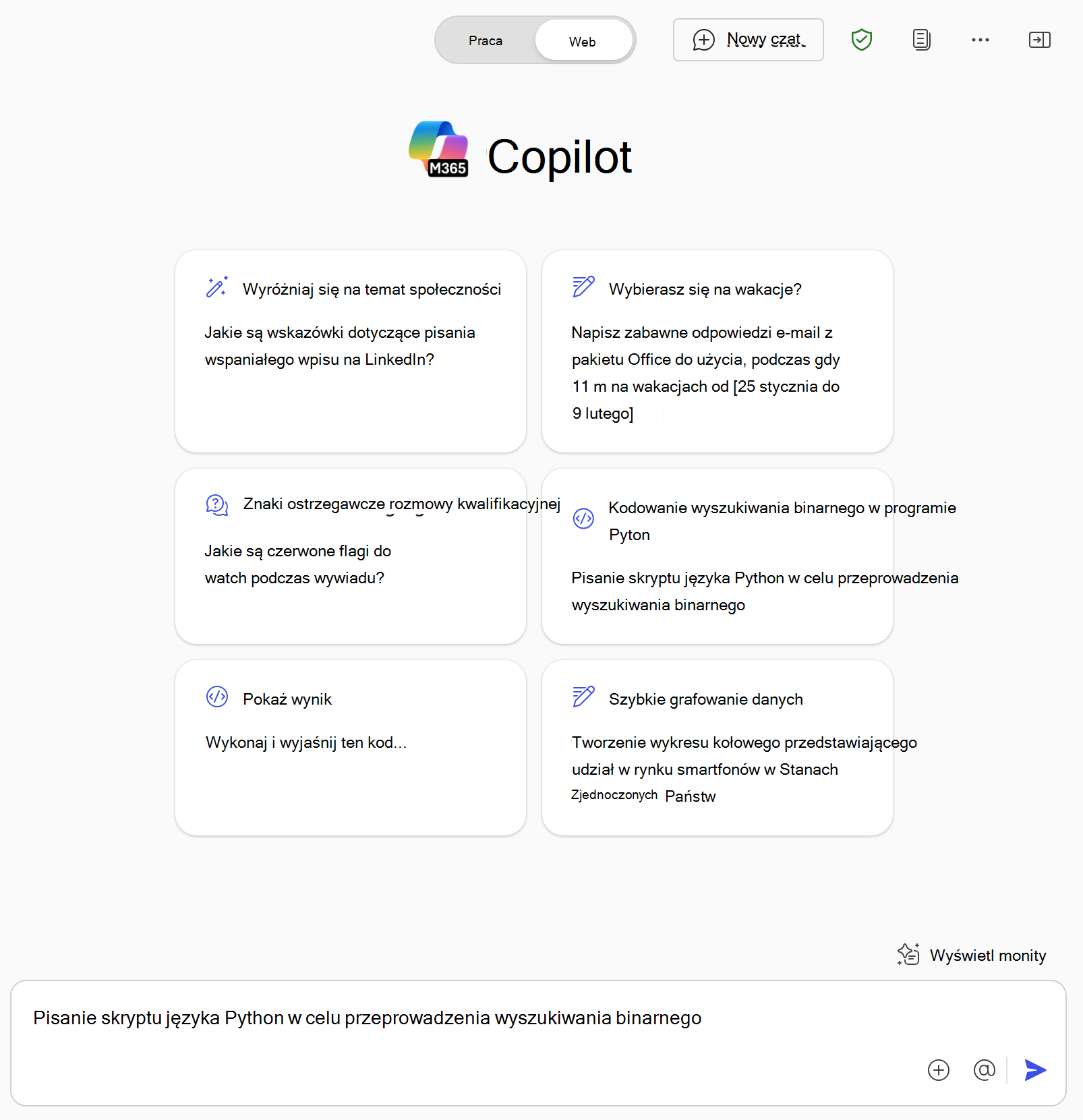 Zrzut ekranu przedstawiający Microsoft 365 Copilot Chat i przykładowe monity, które pobierają informacje z Internetu za pomocą czatu internetowego.
