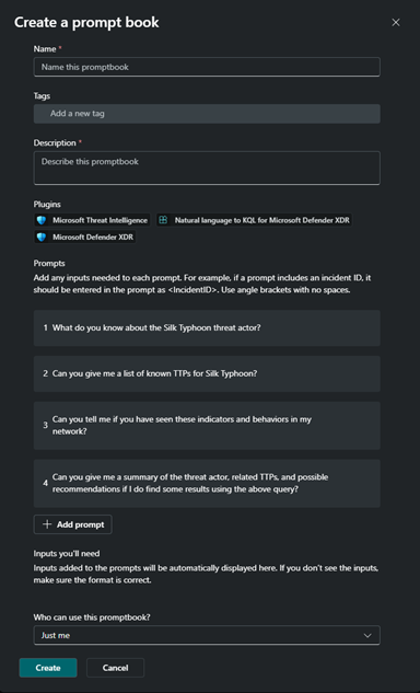 Screenshot of create promptbook dialog box