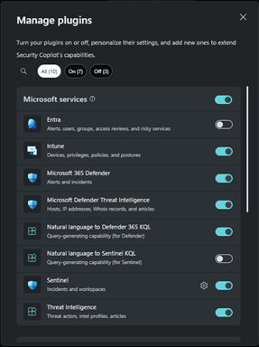 Screenshot that shows Turn on or off toggles for plugins.