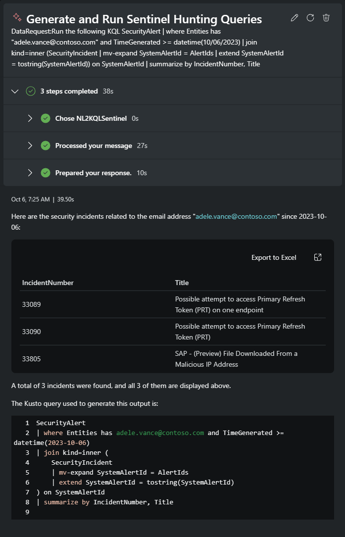 Screenshot showing Microsoft Sentinel hunting query results.