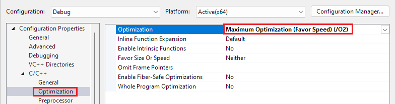 Zrzut ekranu przedstawiający okno dialogowe stron właściwości projektu. Ustawienia są otwarte dla właściwości > konfiguracji C/C++ > Optimization. Lista rozwijana Optymalizacja jest ustawiona na wartość Maksymalna optymalizacja (faworyzowanie szybkości) (/O2).