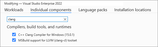 Zrzut ekranu przedstawiający stronę Instalator programu Visual Studio Poszczególne składniki z wyświetlonymi składnikami Clang dostępnymi do instalacji.