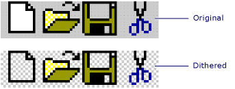 Porównanie wersji ikon dithered i oryginalnych.