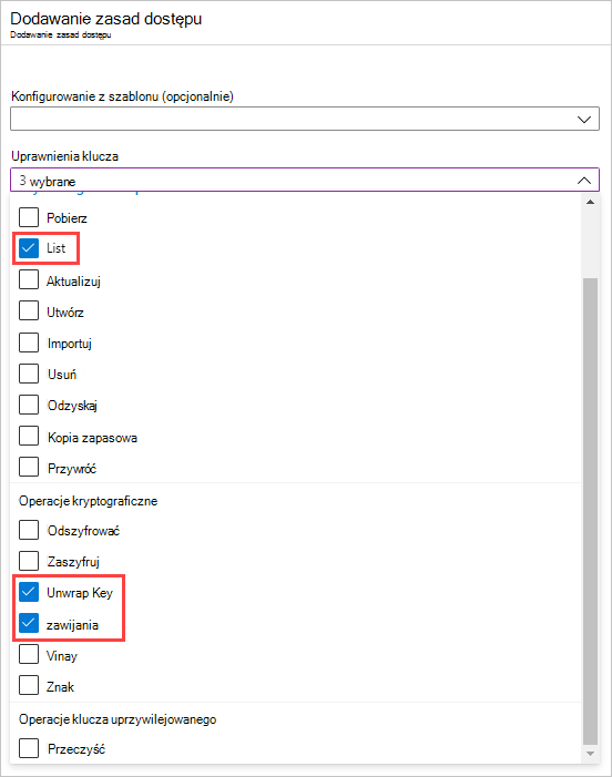 Zrzut ekranu przedstawiający wybór uprawnień klucza.