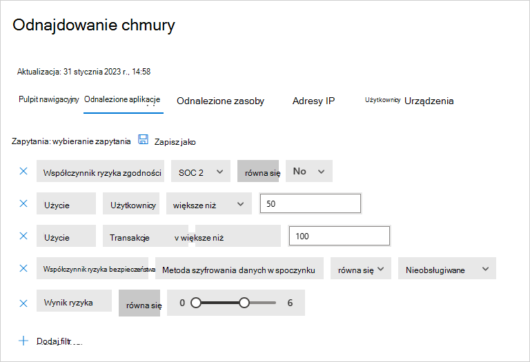 Zrzut ekranu przedstawiający przykładowe filtry odnalezionych aplikacji.