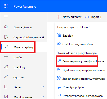 Usługa Power Automate tworzy nowy przepływ.