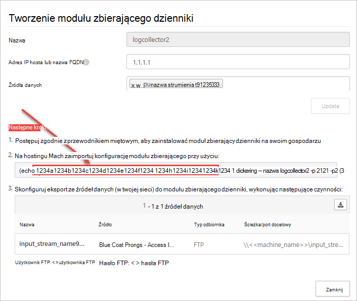 Zrzut ekranu przedstawiający okno dialogowe Tworzenie modułu zbierającego dzienniki.