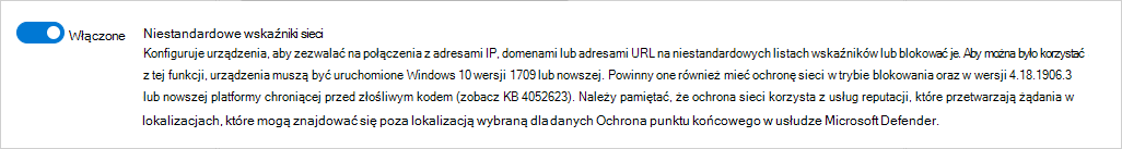 Zrzut ekranu przedstawiający sposób włączania niestandardowych wskaźników sieci w usłudze Defender for Endpoint.