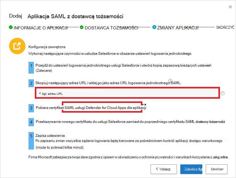 Zanotuj Defender for Cloud Apps adres URL logowania jednokrotnego SAML i pobierz certyfikat.