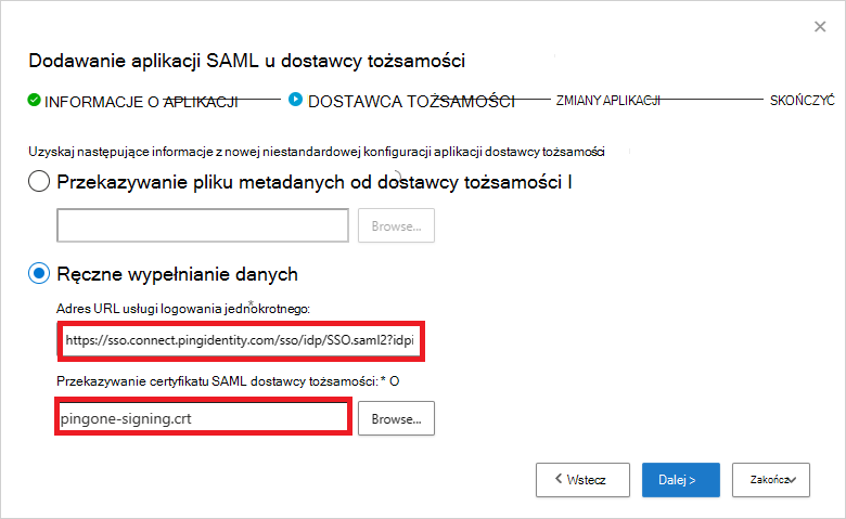 Dodaj adres URL usługi logowania jednokrotnego i certyfikat SAML.