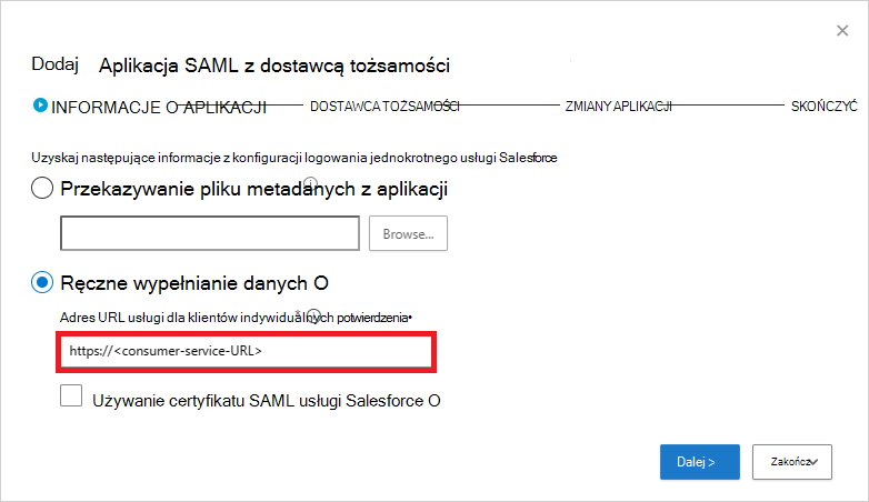 Ręcznie wypełnij informacje saml usługi Salesforce.