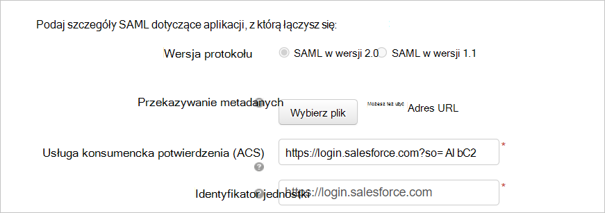 Konfigurowanie aplikacji niestandardowej przy użyciu szczegółów saml usługi Salesforce.