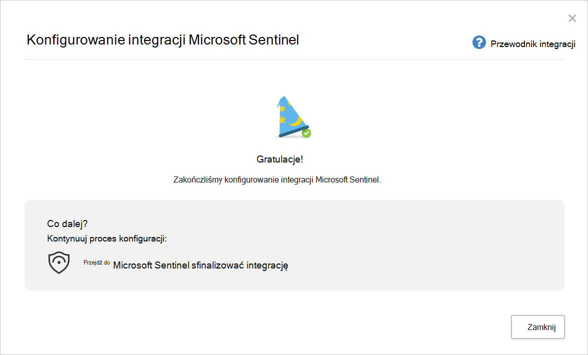 Zrzut ekranu przedstawiający stronę zakończenia konfigurowania integracji Microsoft Sentinel.