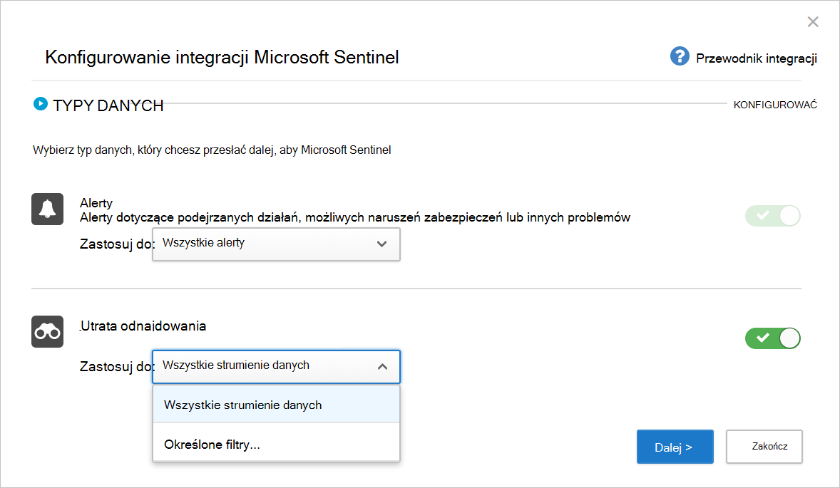 Zrzut ekranu przedstawiający stronę początkową konfigurowania integracji Microsoft Sentinel.