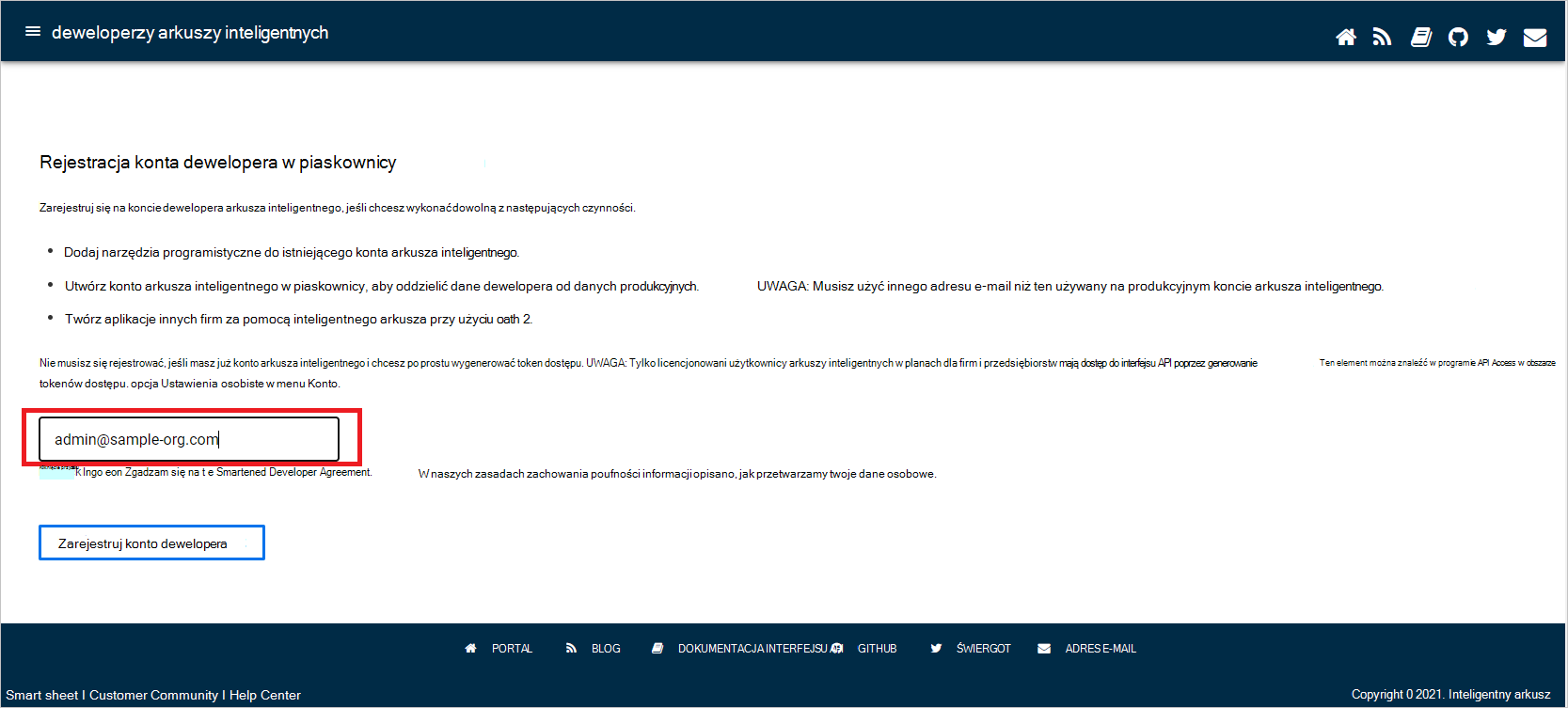 Zrzut ekranu przedstawiający stronę Rejestracji konta piaskownicy dewelopera.