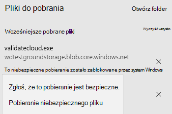 Listy pobieranie jako niebezpieczne, ale zapewnia opcję kontynuowania pobierania