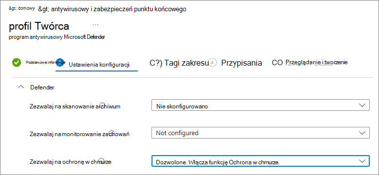 Zrzut ekranu przedstawiający opcję Cloud Protection ustawioną na dozwoloną w usłudze Intune.